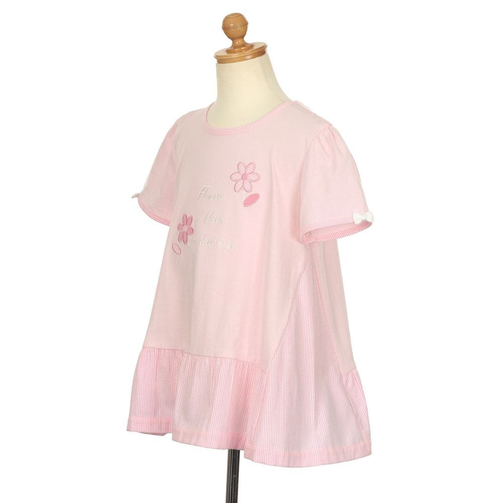 ベビー服 女の子 Aライン ストライプ 切り替え お花 Tシャツ ピンク(02) トルソー斜め