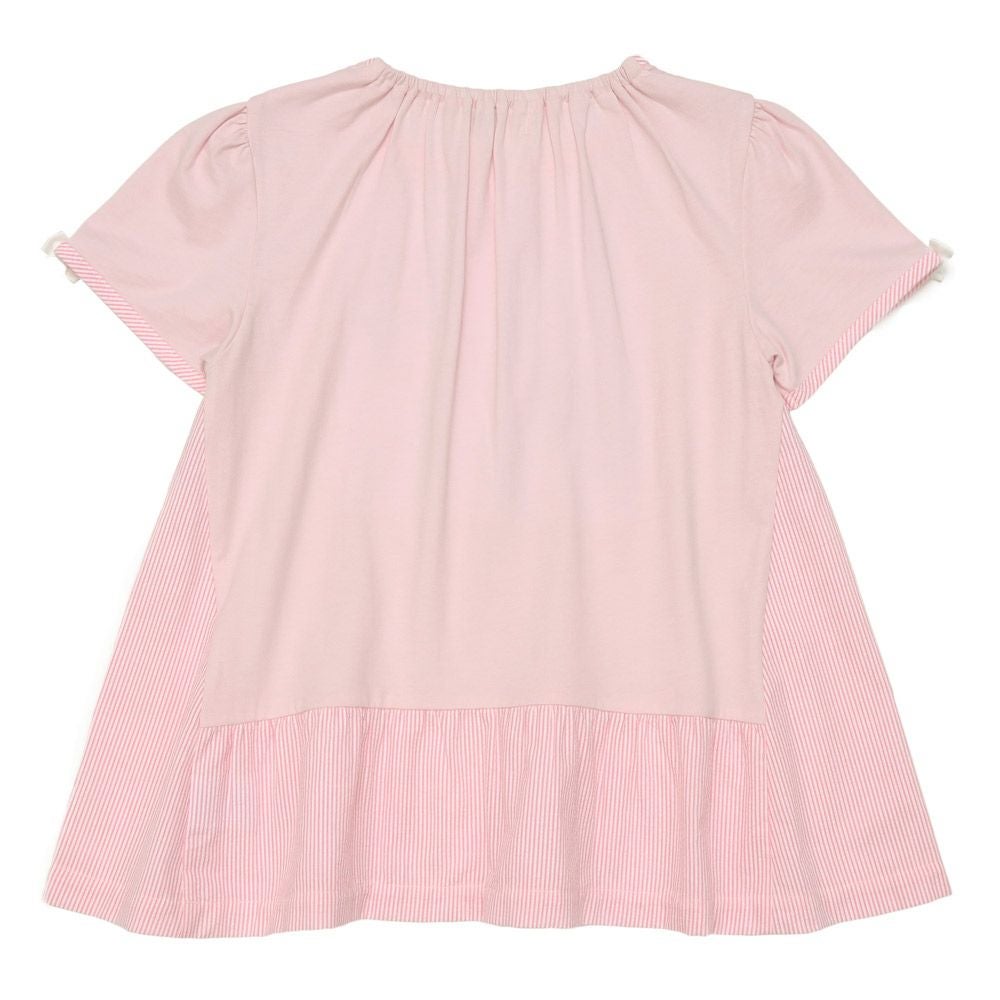 ベビー服 女の子 Aライン ストライプ 切り替え お花 Tシャツ ピンク(02) 背面