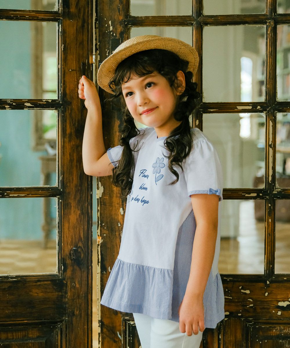ベビー服 女の子 Aライン ストライプ 切り替え お花 Tシャツ オフホワイト(11) モデル画像アップ