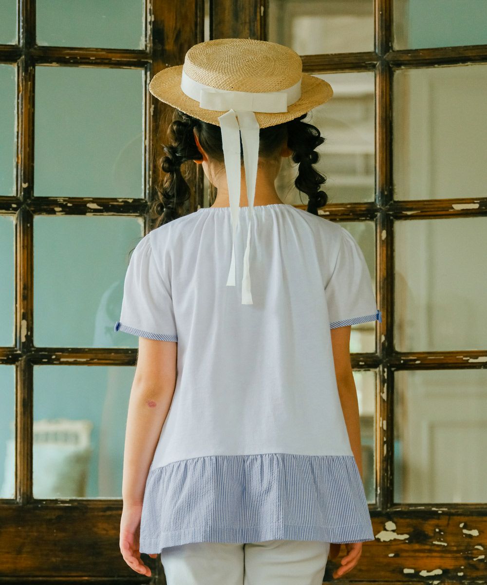 ベビー服 女の子 Aライン ストライプ 切り替え お花 Tシャツ オフホワイト(11) モデル画像全身