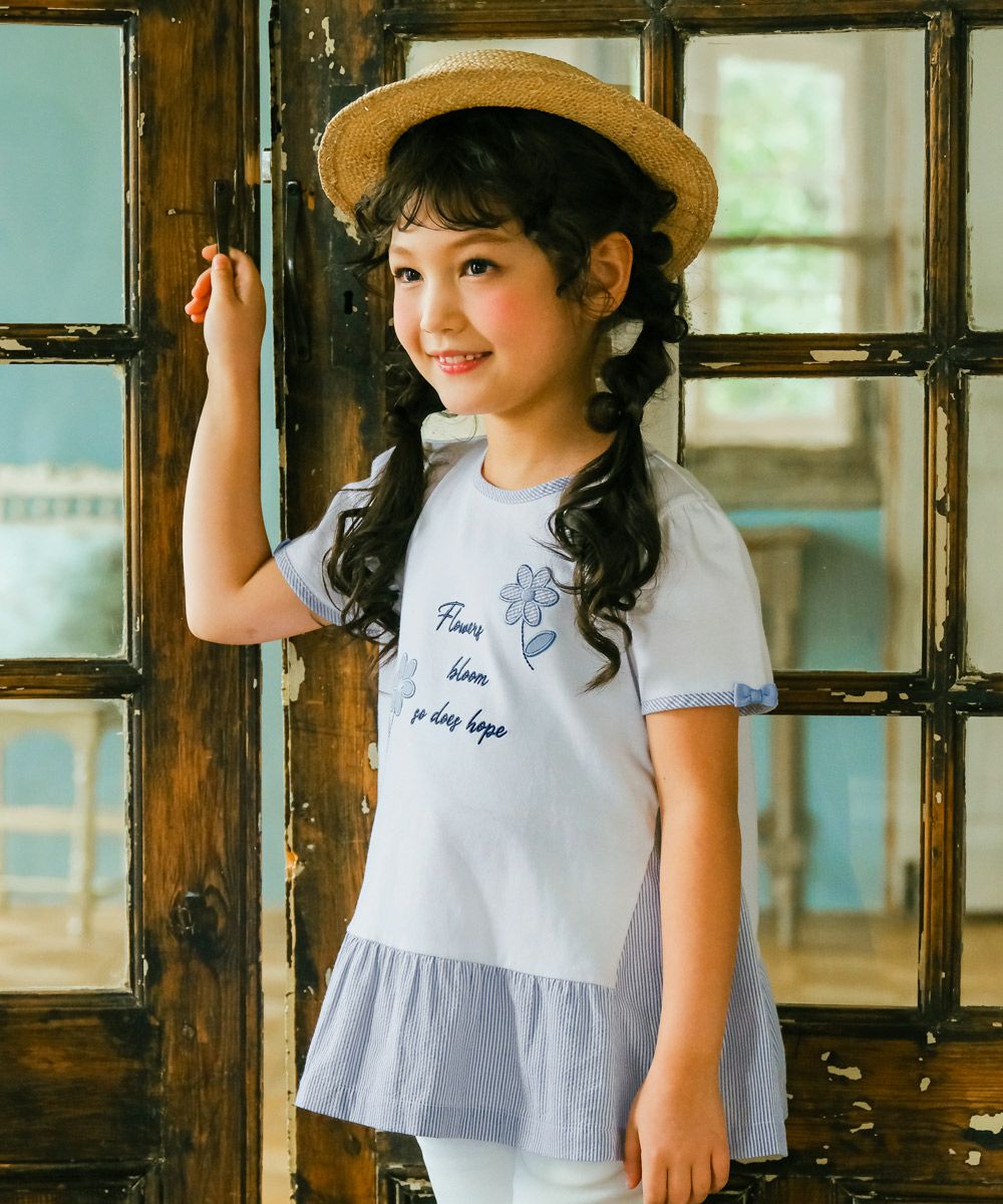 ベビー服 女の子 Aライン ストライプ 切り替え お花 Tシャツ オフホワイト(11) モデル画像1