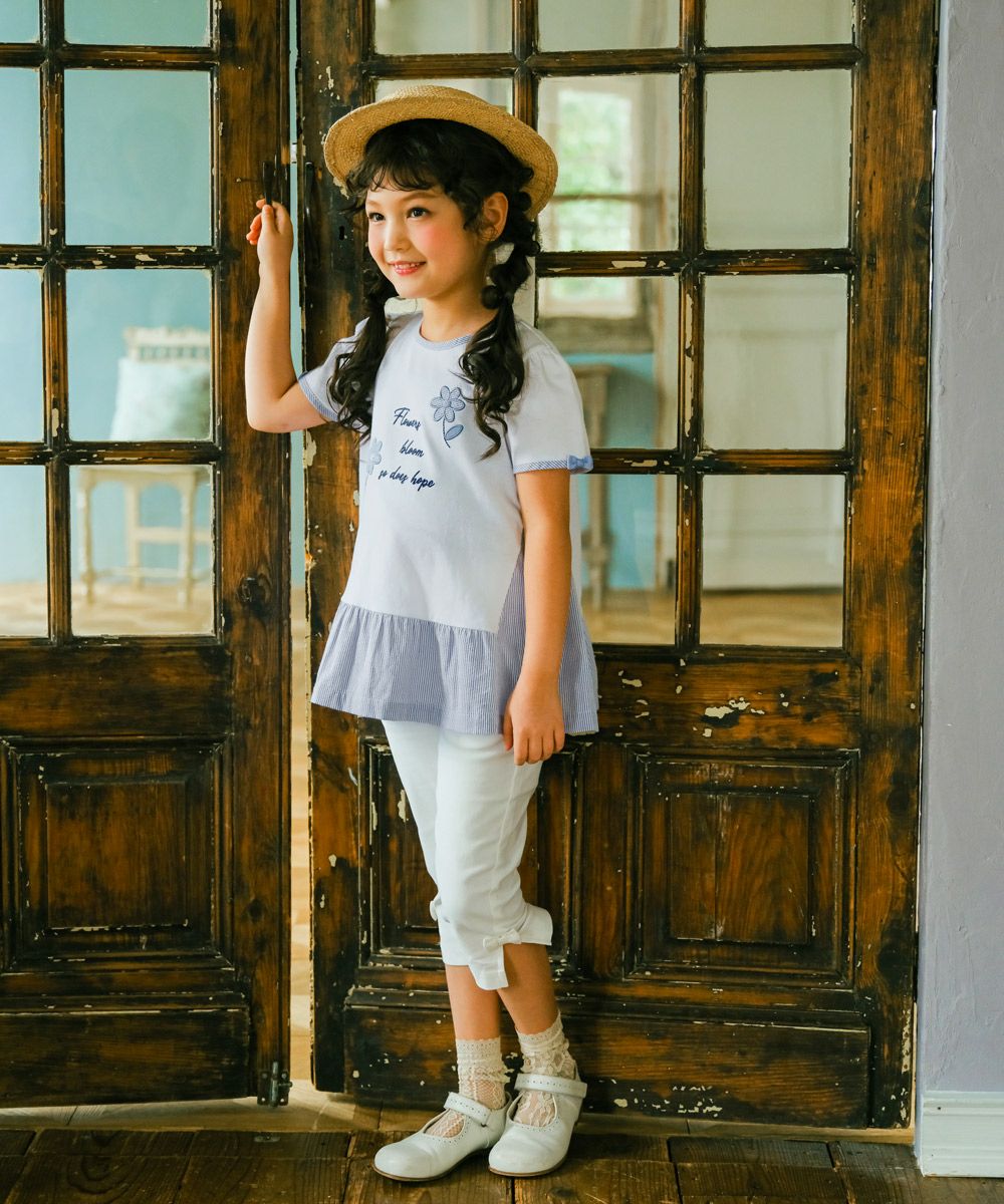 ベビー服 女の子 Aライン ストライプ 切り替え お花 Tシャツ オフホワイト(11) モデル画像3