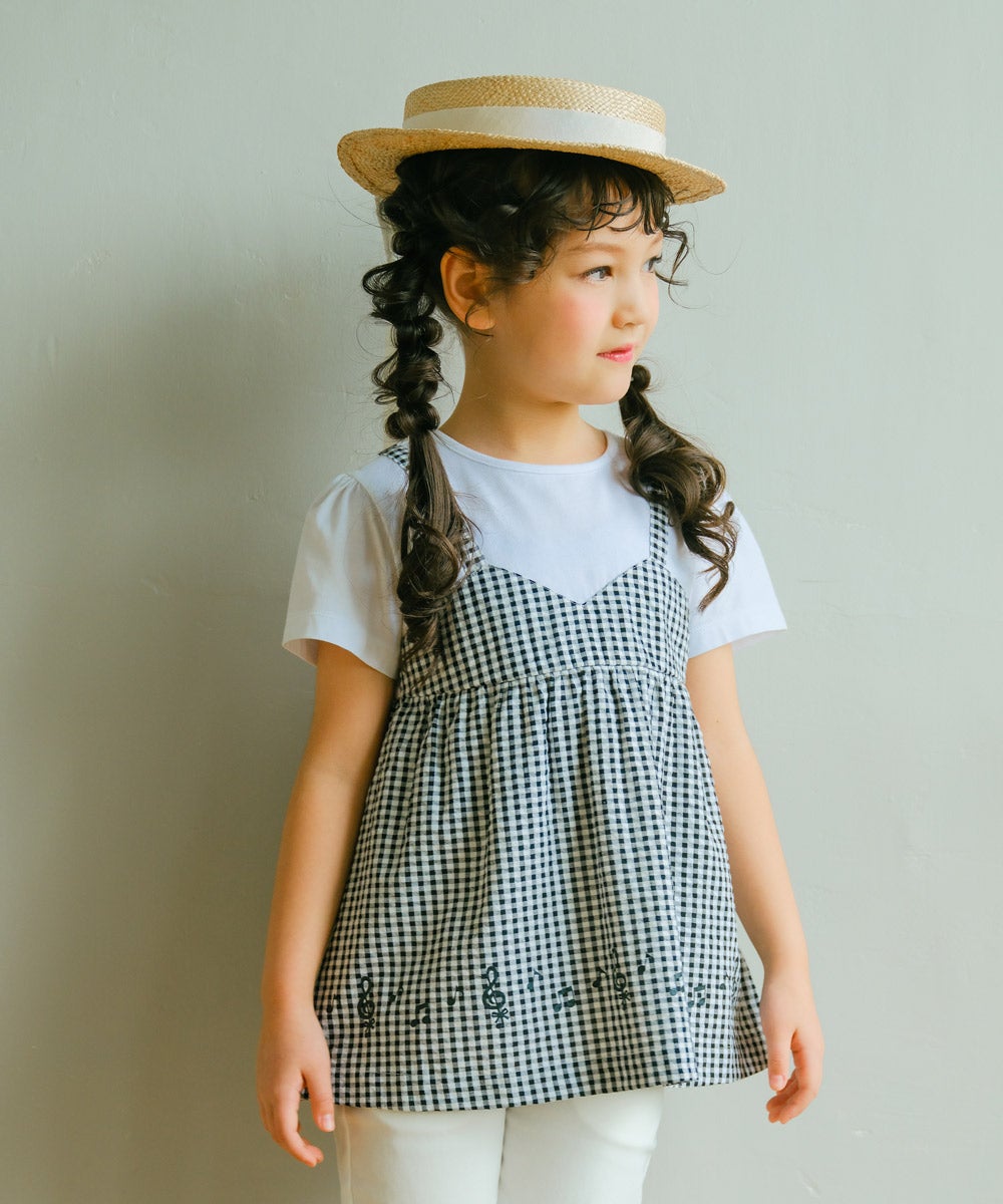 ベビー服 女の子 こども服 春服 夏服 重ね着風 キッズ ギンガムチェック ホワイト×ブラック(10) モデル画像アップ