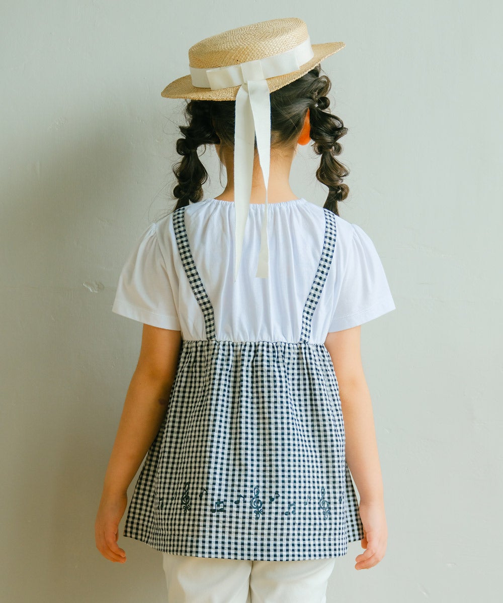 ベビー服 女の子 こども服 春服 夏服 重ね着風 キッズ ギンガムチェック ホワイト×ブラック(10) モデル画像全身