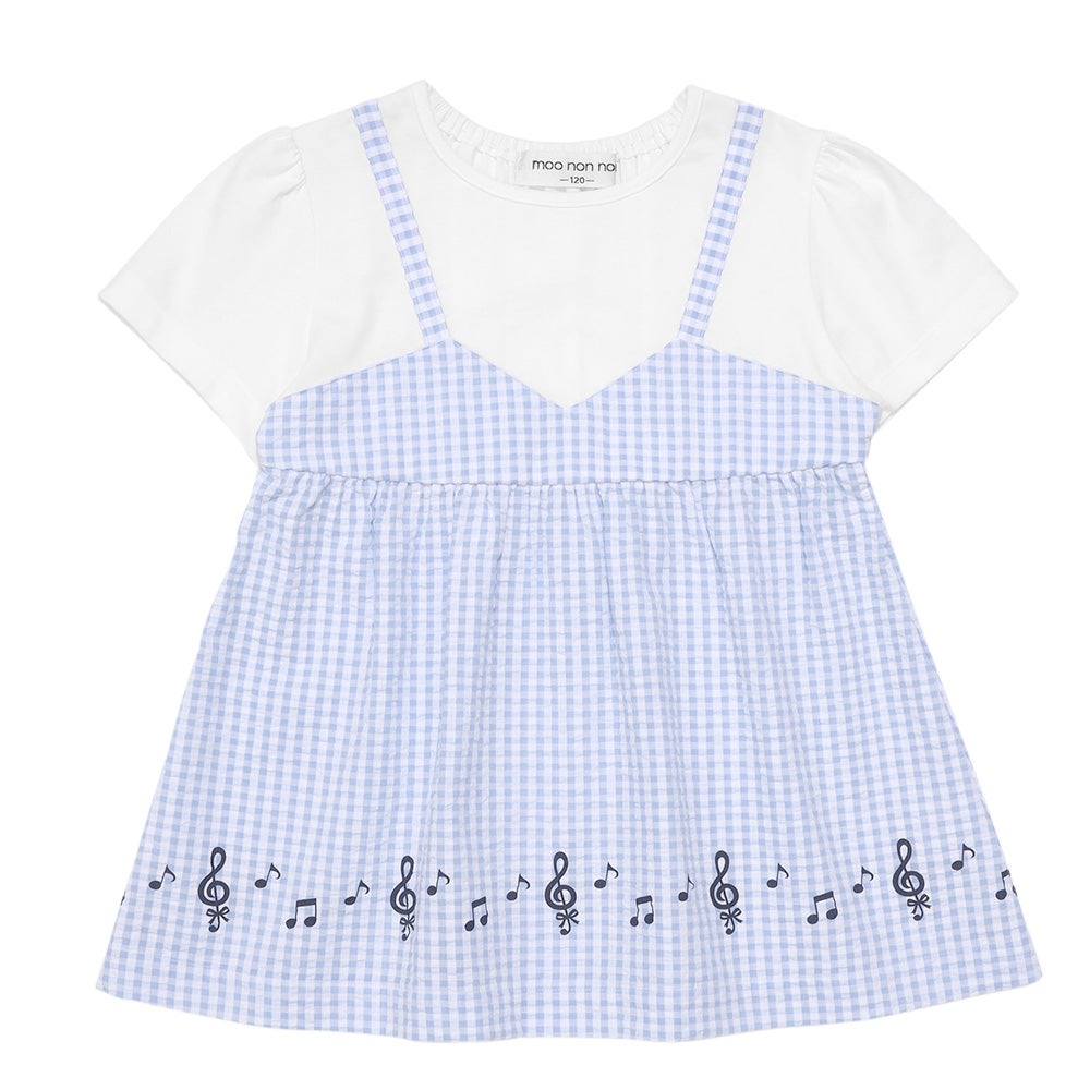 ベビー服 女の子 こども服 春服 夏服 重ね着風 キッズ ギンガムチェック ブルー(61) 正面