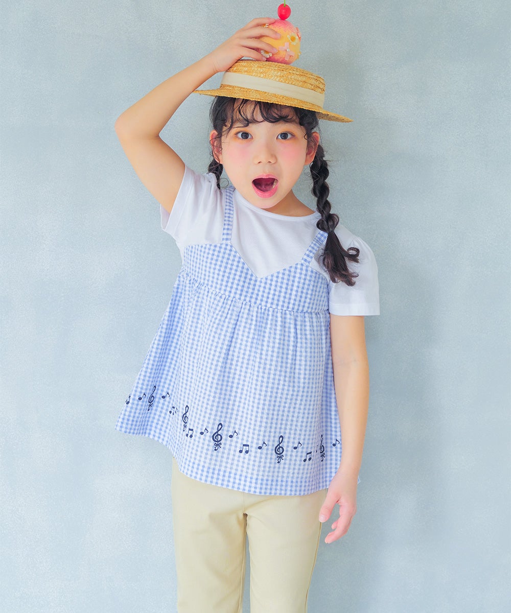 ベビー服 女の子 こども服 春服 夏服 重ね着風 キッズ ギンガムチェック ブルー(61) モデル画像全身