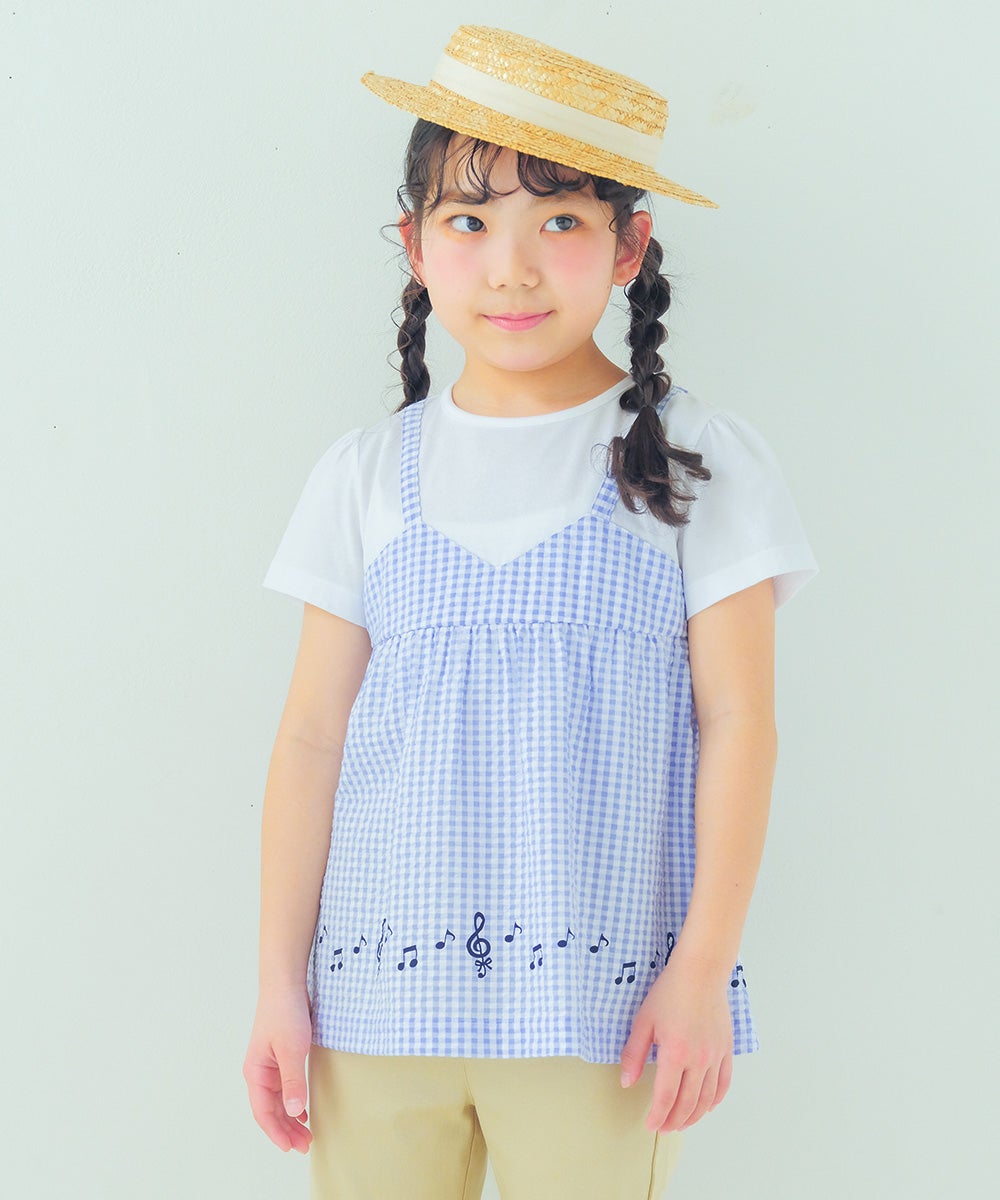 ベビー服 女の子 こども服 春服 夏服 重ね着風 キッズ ギンガムチェック ブルー(61) モデル画像1