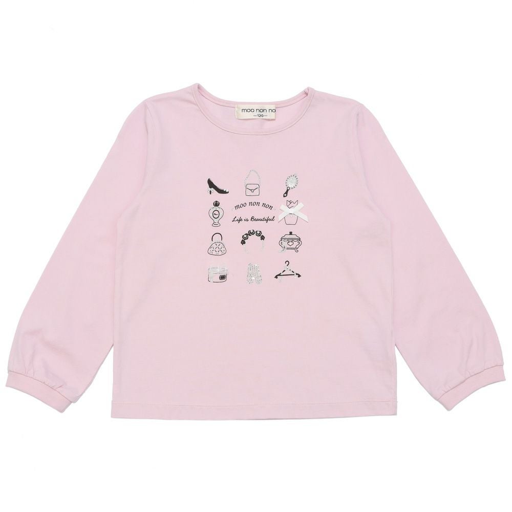子供服 女の子 バッグ＆シューズ柄プリント 長袖Tシャツ ピンク(02) 正面