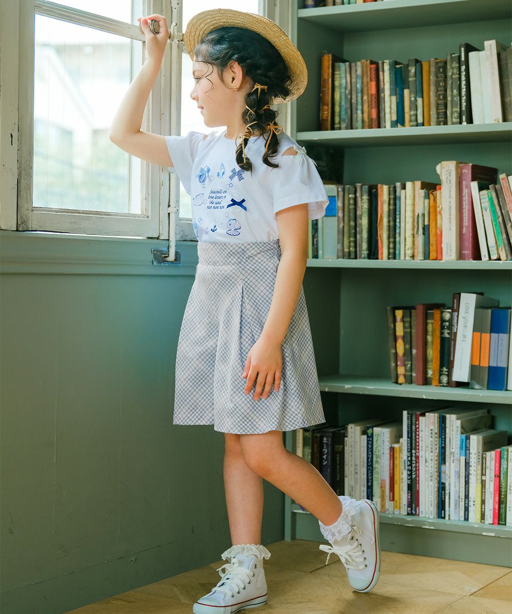 子供服 女の子 綿100% チェック柄キュロットパンツ ブルー(61) モデル画像1