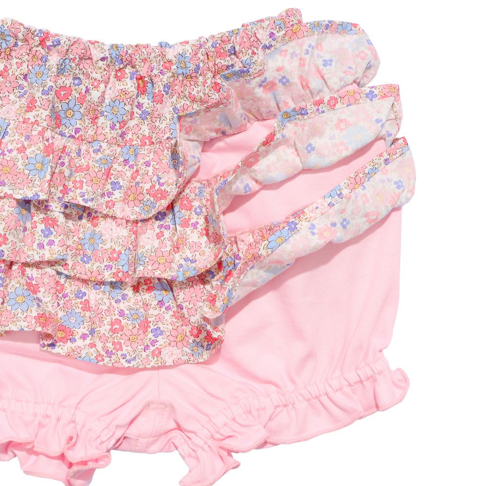 子供服 女の子 綿100％ 小花柄 フリルつき かぼちゃパンツ ピンク(02) デザインポイント1