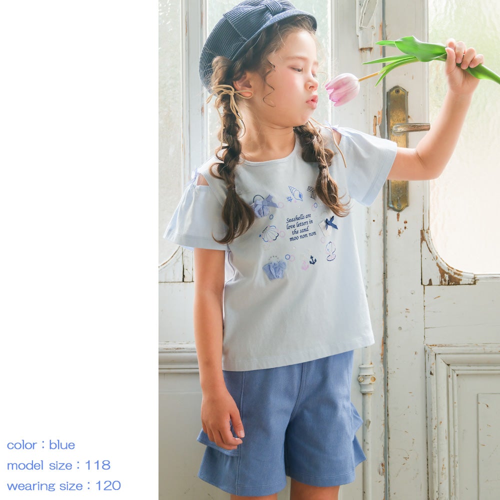 子供服 女の子 リボン 肩あき マリン 小物 モチーフ Tシャツ