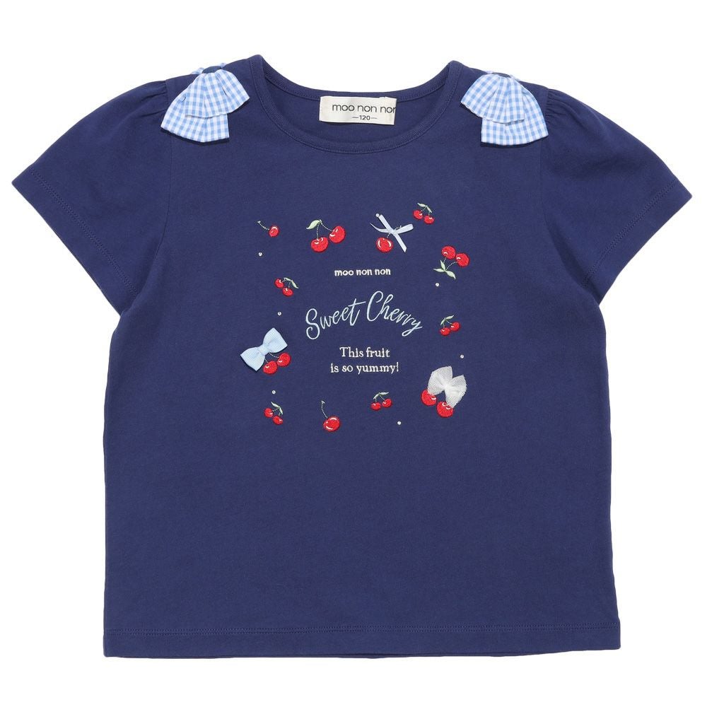 ベビー服 女の子 ギンガムチェック リボン ＆ さくらんぼ Tシャツ ネイビー(06) 正面