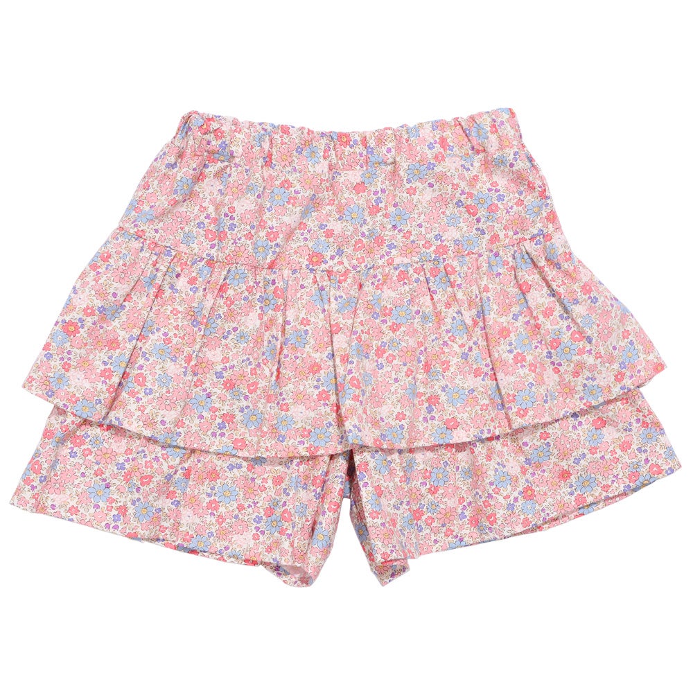 ベビー服 女の子 綿100% キッズ 花柄 フリル キュロットパンツ ピンク(02) 正面