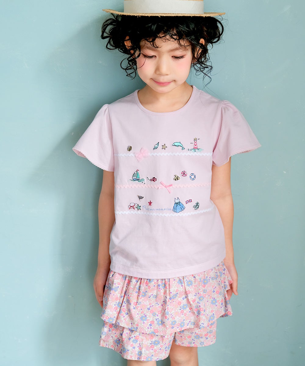 ベビー服 女の子 綿100% キッズ 花柄 フリル キュロットパンツ ピンク(02) モデル画像1