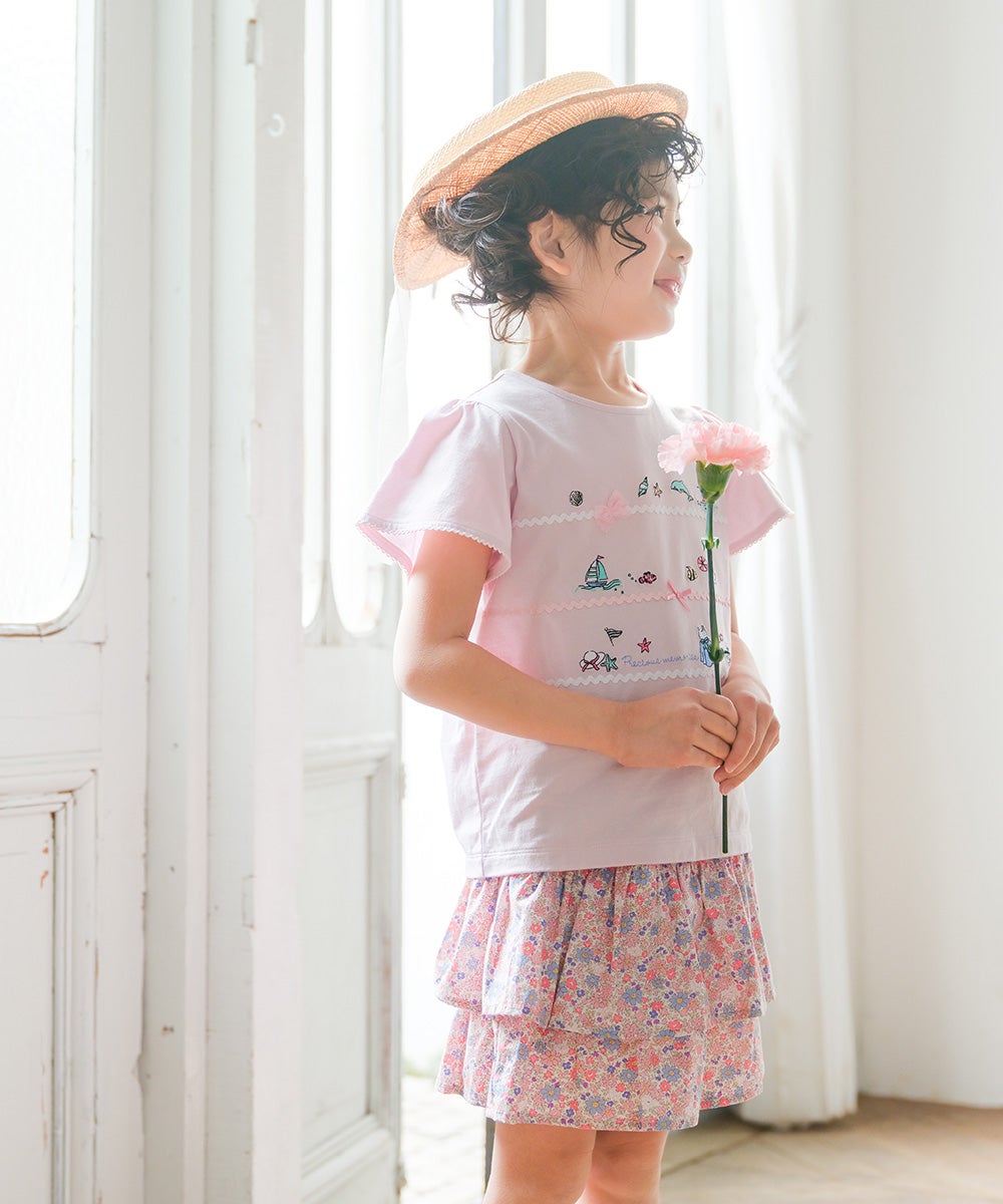 ベビー服 女の子 綿100% キッズ 花柄 フリル キュロットパンツ ピンク(02) モデル画像3