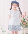 ベビー服 女の子 綿100% キッズ 花柄 フリル キュロットパンツ ブルー(61) モデル画像全身