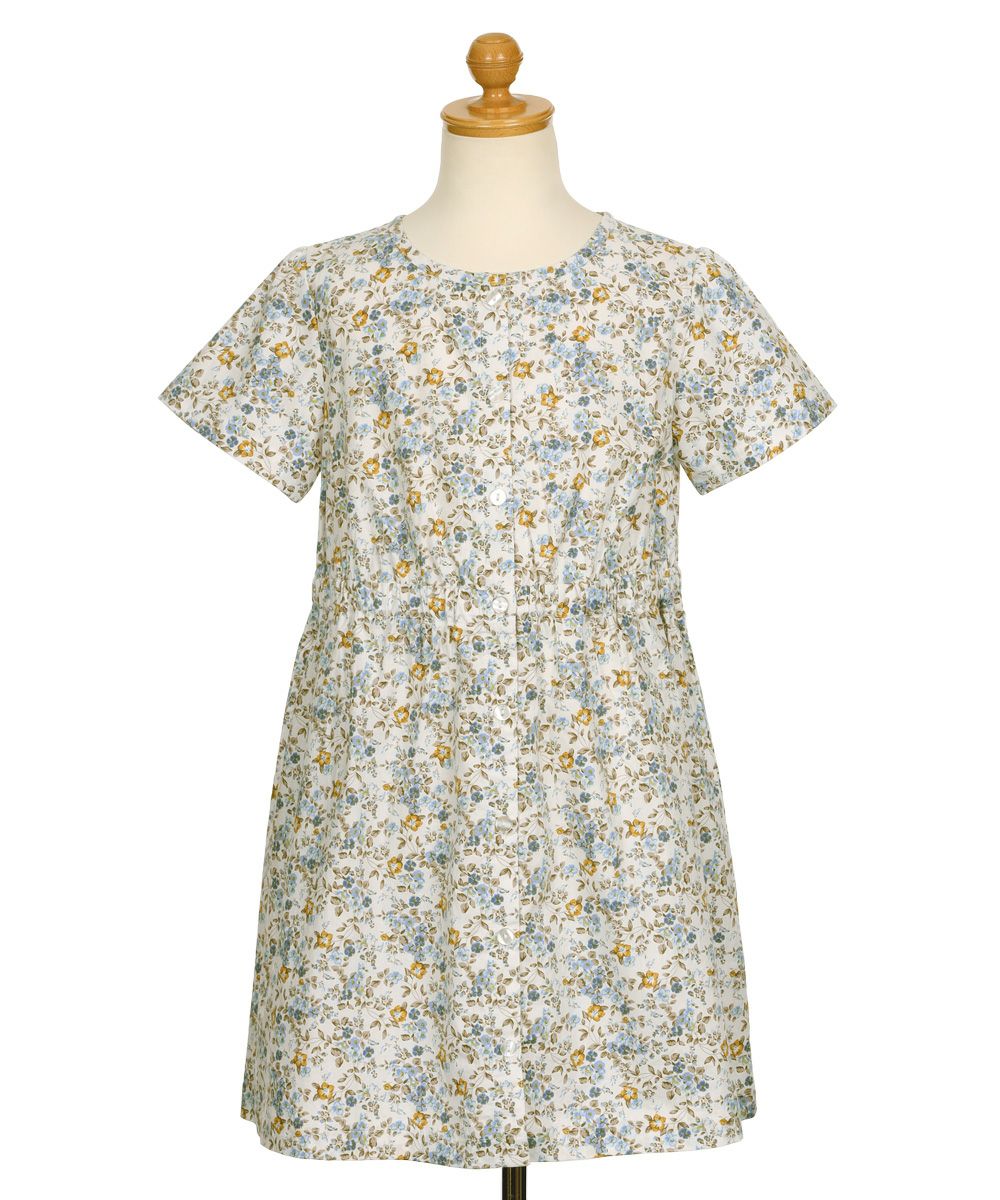 ベビー服 女の子 綿100％ 小花柄 ボタン開き ワンピース ブルー(61) トルソー背面