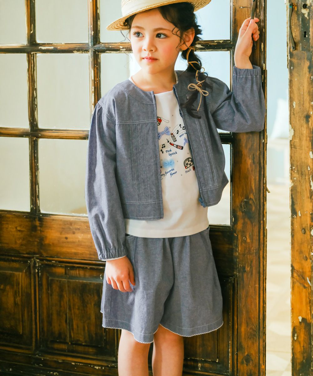子供服 女の子 ダンガリー 音符刺繍 キュロット ネイビー(06) モデル画像2