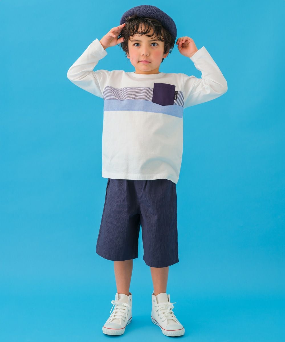 子供服 男の子 ポケット付き 異素材切替え 長袖 Tシャツ オフホワイト(11) モデル画像アップ