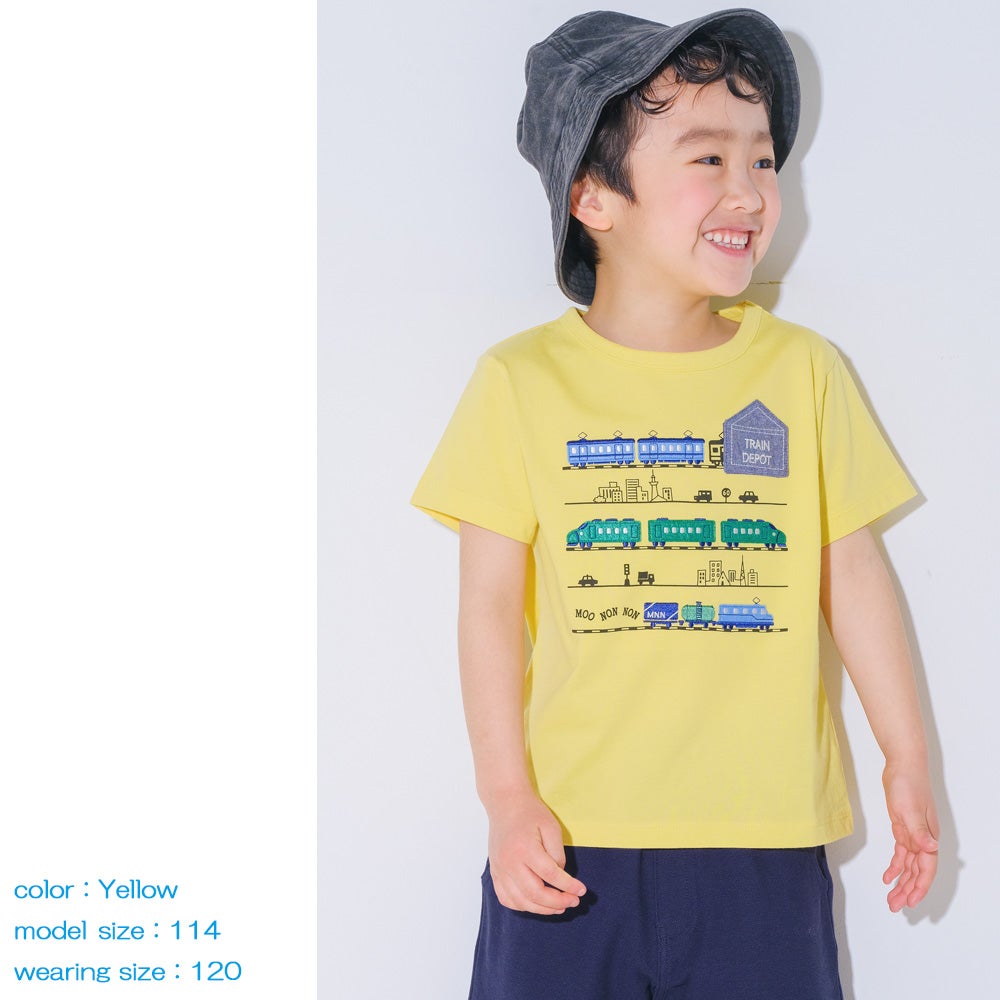 ベビー服 男の子 子ども服 こども キッズ 綿100％ コットン 電車 ティーシャツ イエロー(04) モデル画像アップ