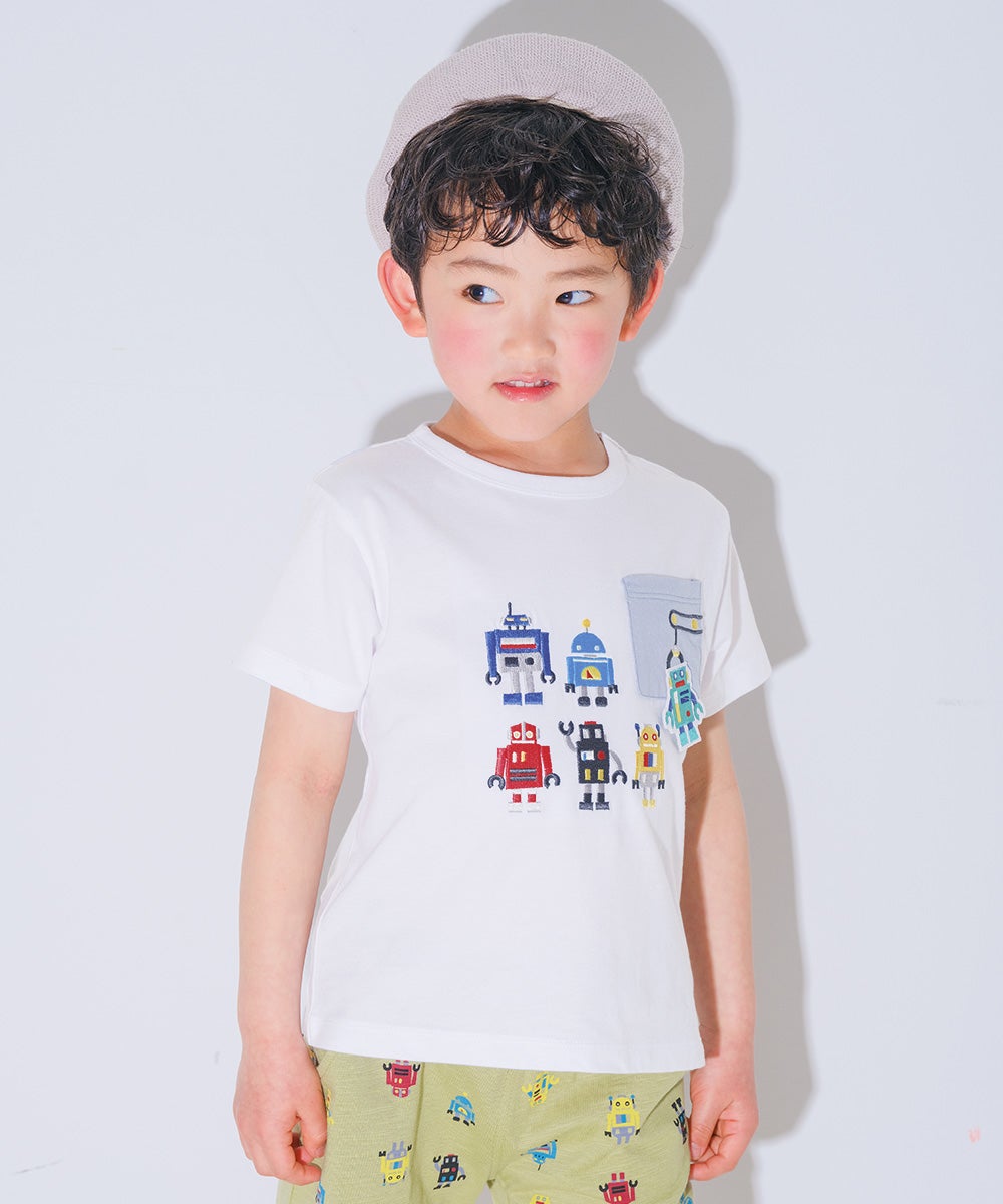 ベビー服 男の子 子ども服 こども キッズ 綿100％ コットン ロボット ワッペン 刺繍 オフホワイト(11) 正面