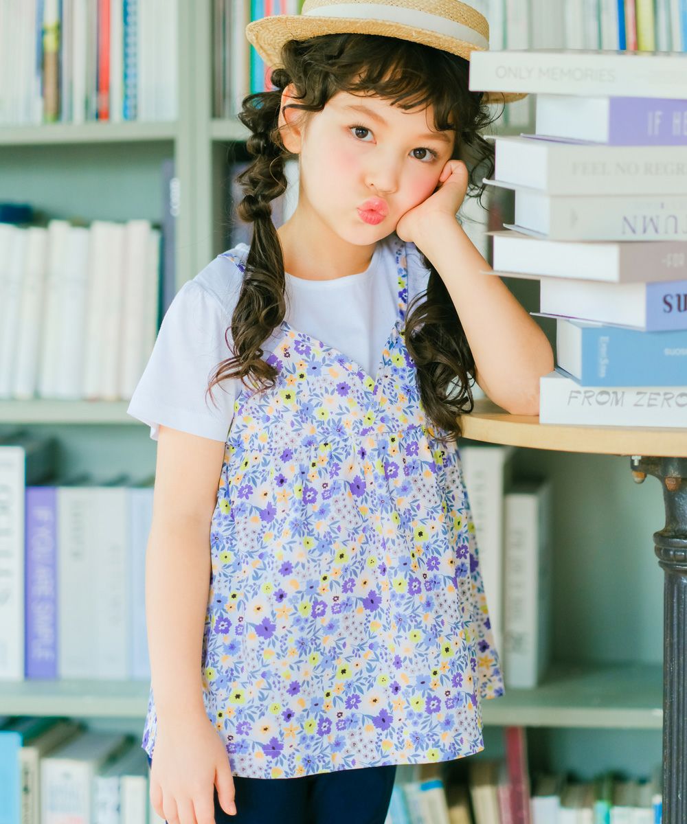 ベビー服 女の子 綿100％ 小花柄 重ね着風 Tシャツ パープル(91) モデル画像アップ