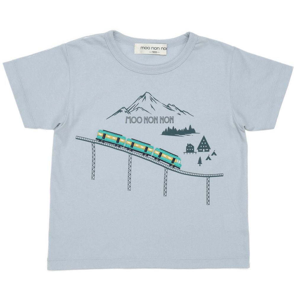 ベビー服 男の子 綿100％ 電車 アップリケ ＆ 山 モチーフ Tシャツ ブルー(61) 正面