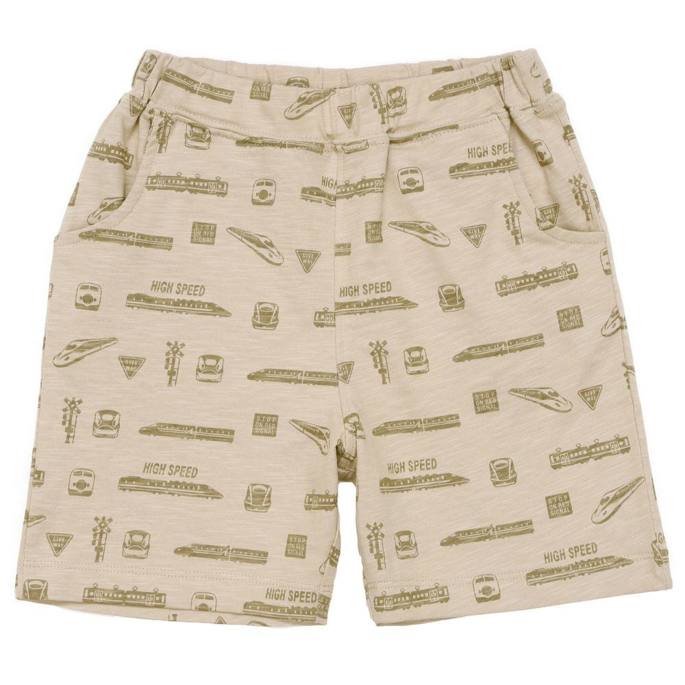 ベビー服 男の子 綿100％ 電車 プリント ハーフ丈 パンツ ベージュ(51) 正面