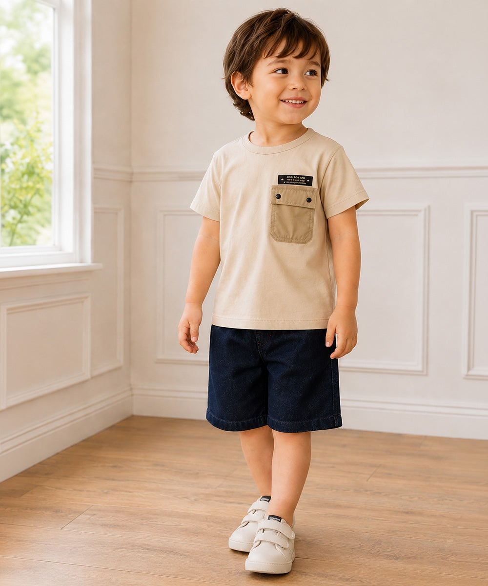 子供服 男の子 ロゴアップリケ ＆ フタつき ポケット Tシャツ ベージュ(51)