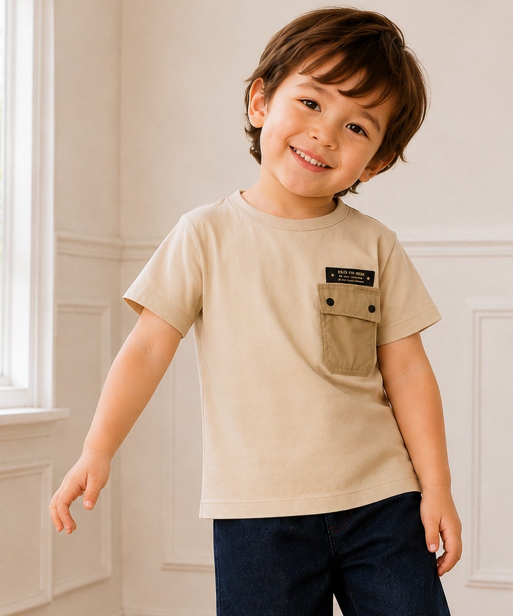 子供服 男の子 ロゴアップリケ ＆ フタつき ポケット Tシャツ ベージュ(51)