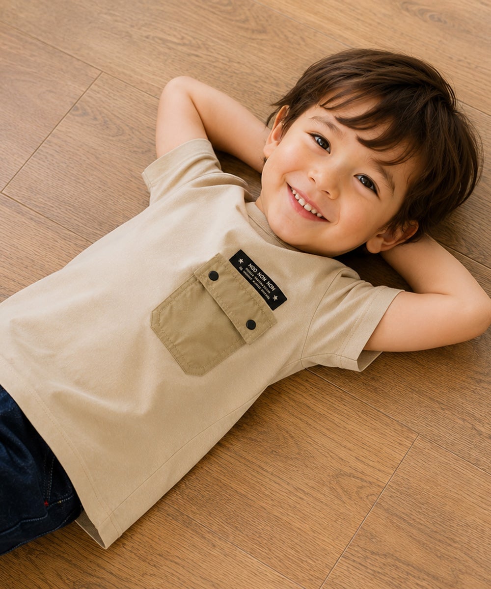 子供服 男の子 ロゴアップリケ ＆ フタつき ポケット Tシャツ ベージュ(51)