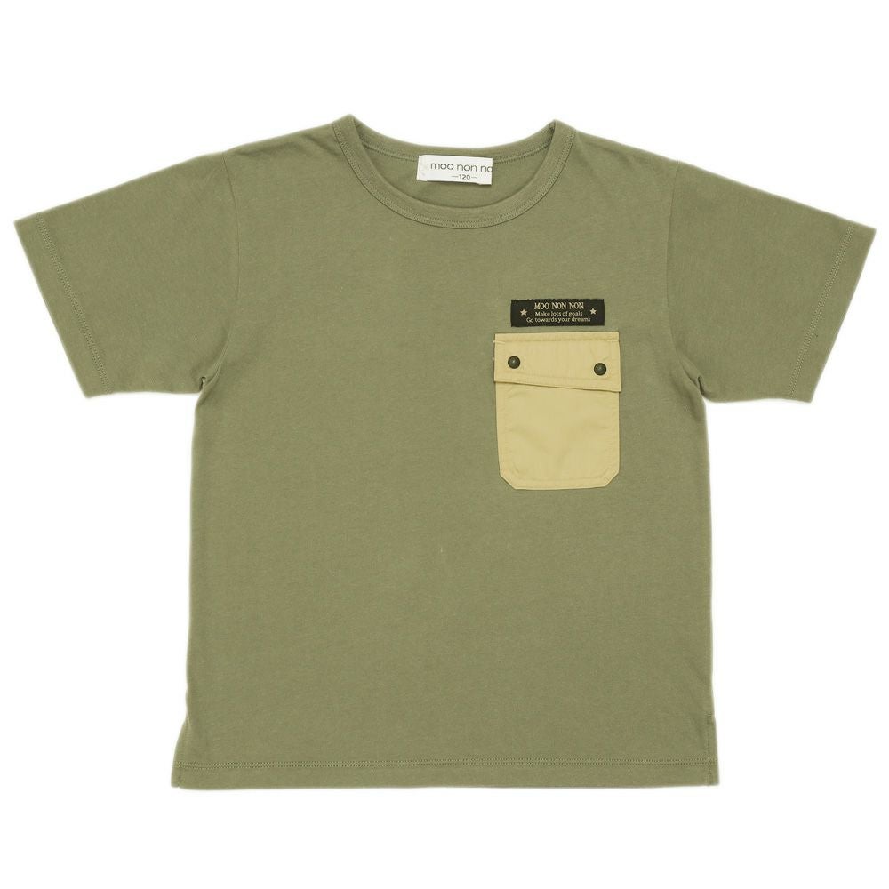 子供服 男の子 ロゴアップリケ ＆ フタつき ポケット Tシャツ カーキ(82) 正面
