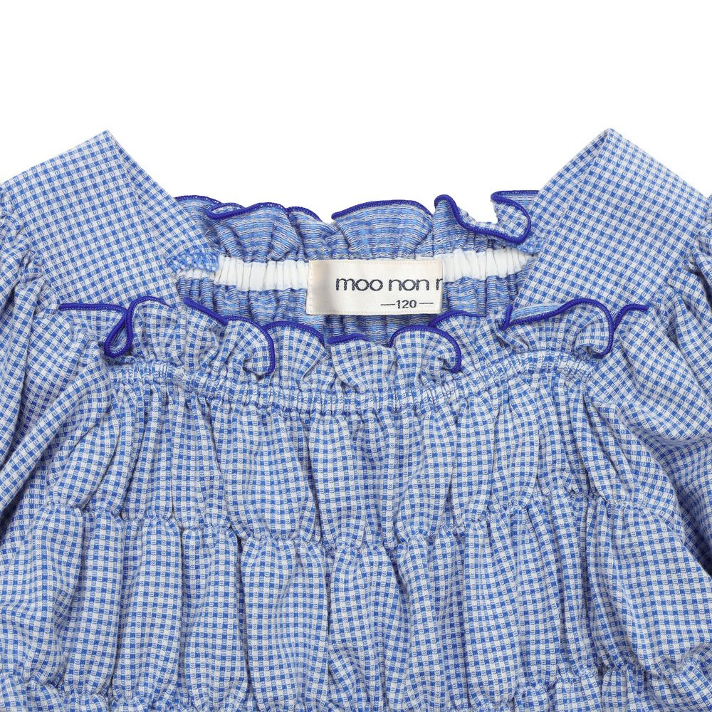 子供服 女の子 ギンガムチェック シャーリング フリル Tシャツ ブルー(61) デザインポイント1