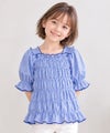 子供服 女の子 ギンガムチェック シャーリング フリル Tシャツ ブルー(61)