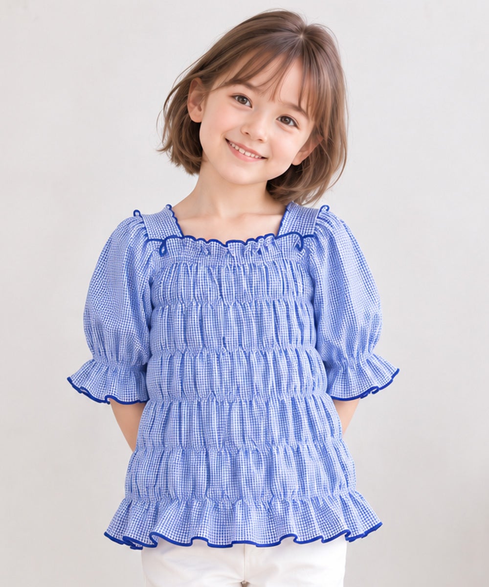 子供服 女の子 ギンガムチェック シャーリング フリル Tシャツ ブルー(61)