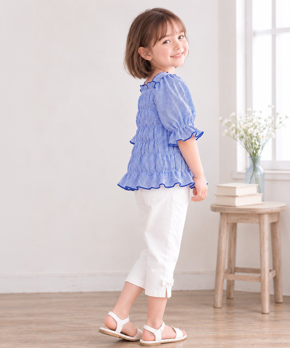 子供服 女の子 ギンガムチェック シャーリング フリル Tシャツ ブルー(61)