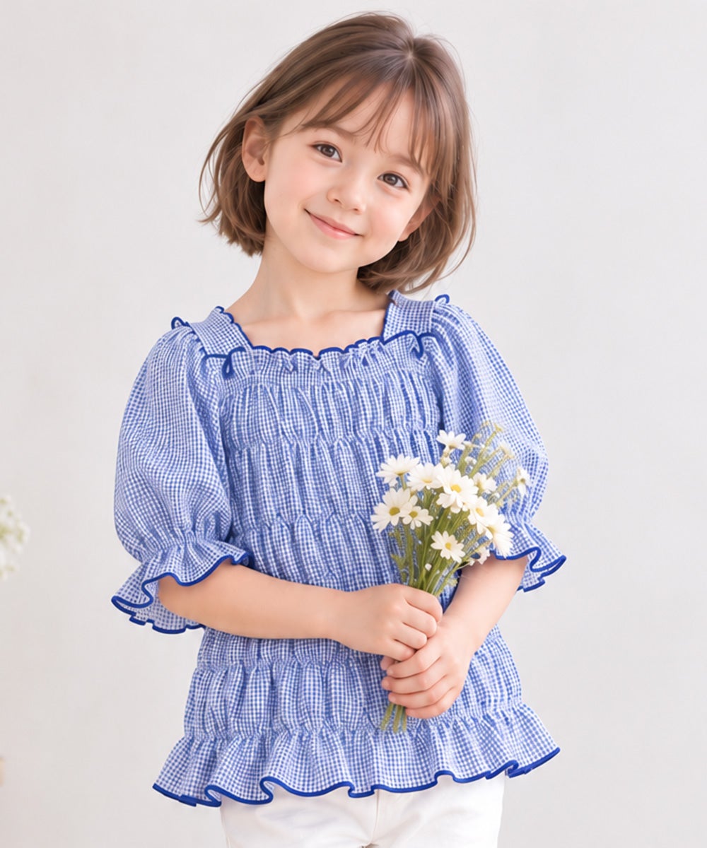 子供服 女の子 ギンガムチェック シャーリング フリル Tシャツ ブルー(61)