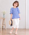 子供服 女の子 ギンガムチェック シャーリング フリル Tシャツ ブルー(61)