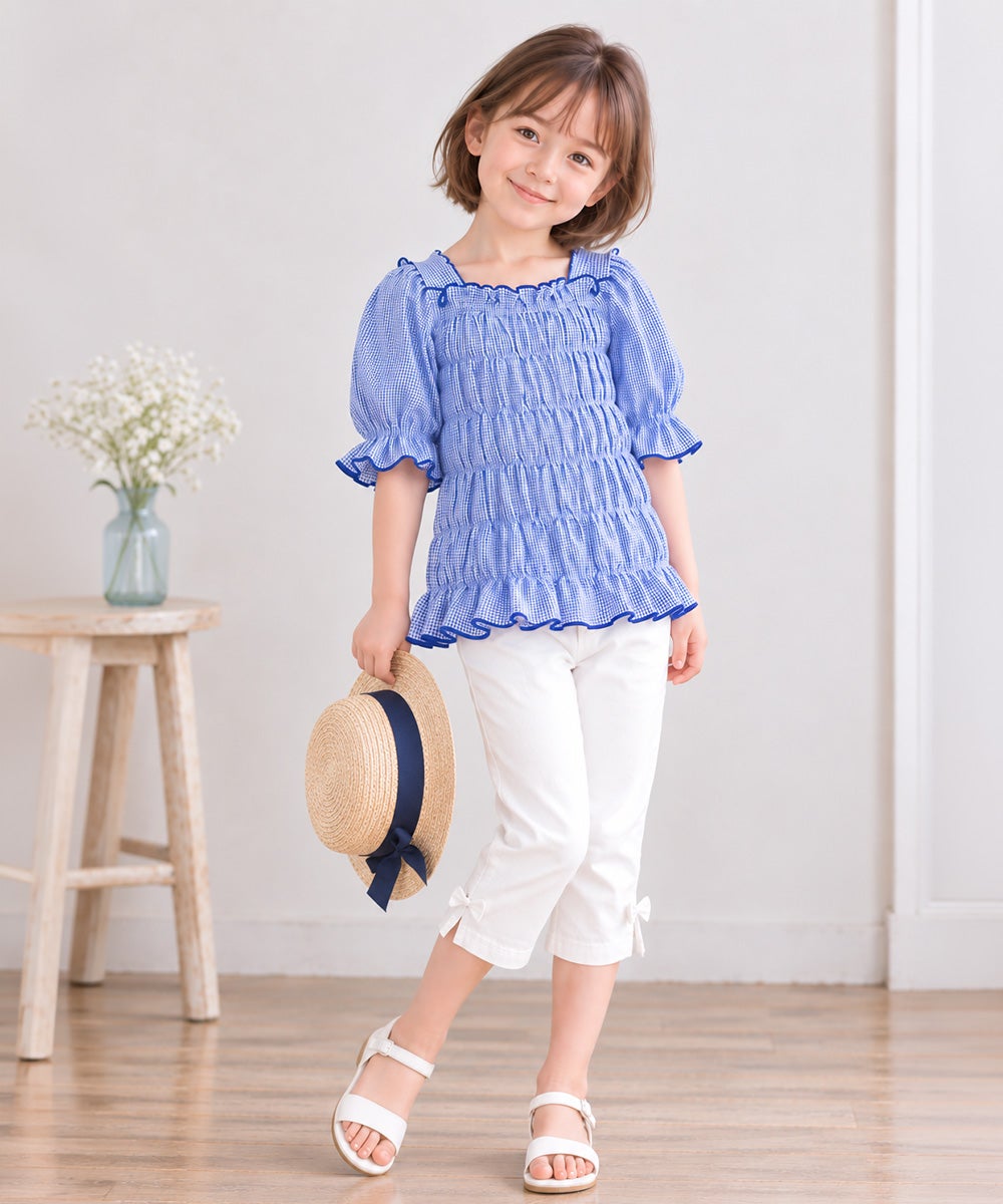 子供服 女の子 ギンガムチェック シャーリング フリル Tシャツ ブルー(61)