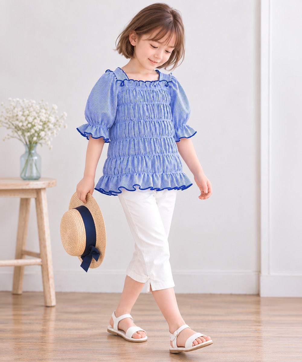 子供服 女の子 ギンガムチェック シャーリング フリル Tシャツ ブルー(61)