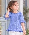 子供服 女の子 ギンガムチェック シャーリング フリル Tシャツ ブルー(61)