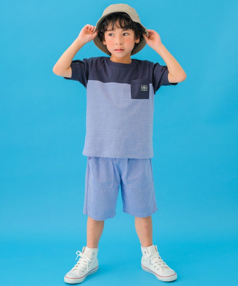 バイカラー ストライプ アップリケ Tシャツ