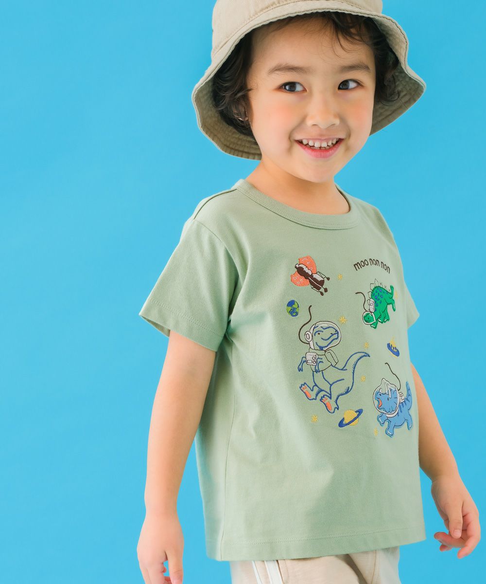 ベビー服 男の子 宇宙 ＆ 恐竜 綿100％ Tシャツ グリーン(08) モデル画像アップ