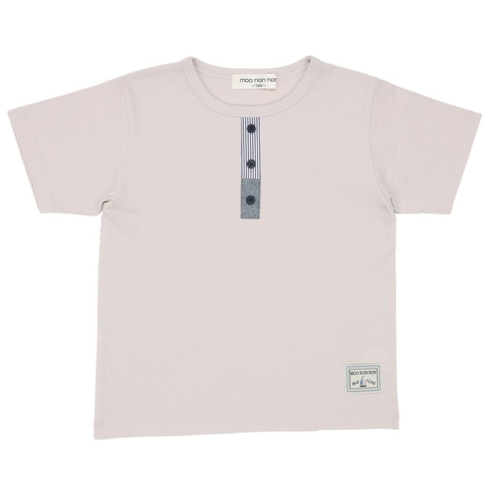 子供服 男の子 切り替え ストライプ 飾りボタン Tシャツ ベージュ(51) 正面