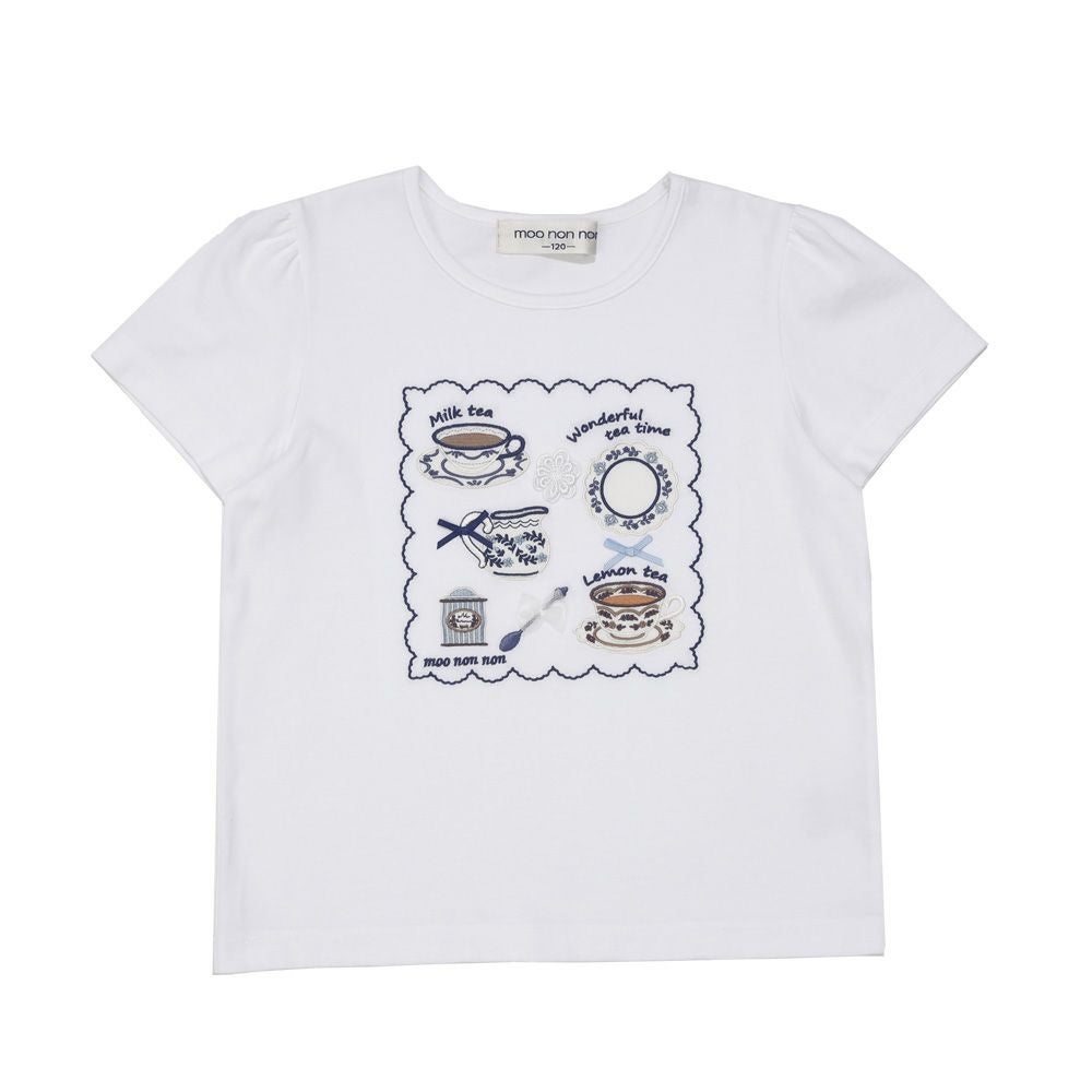 子供服 女の子 刺繍 ＆ アップリケ ティーカップ 半袖Tシャツ オフホワイト(11) 正面