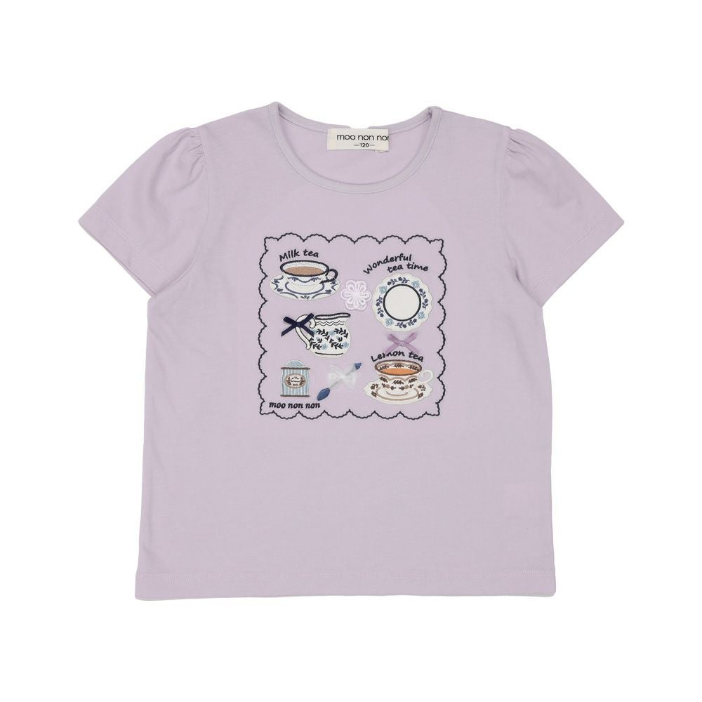 子供服 女の子 刺繍 ＆ アップリケ ティーカップ 半袖Tシャツ パープル(91) 正面