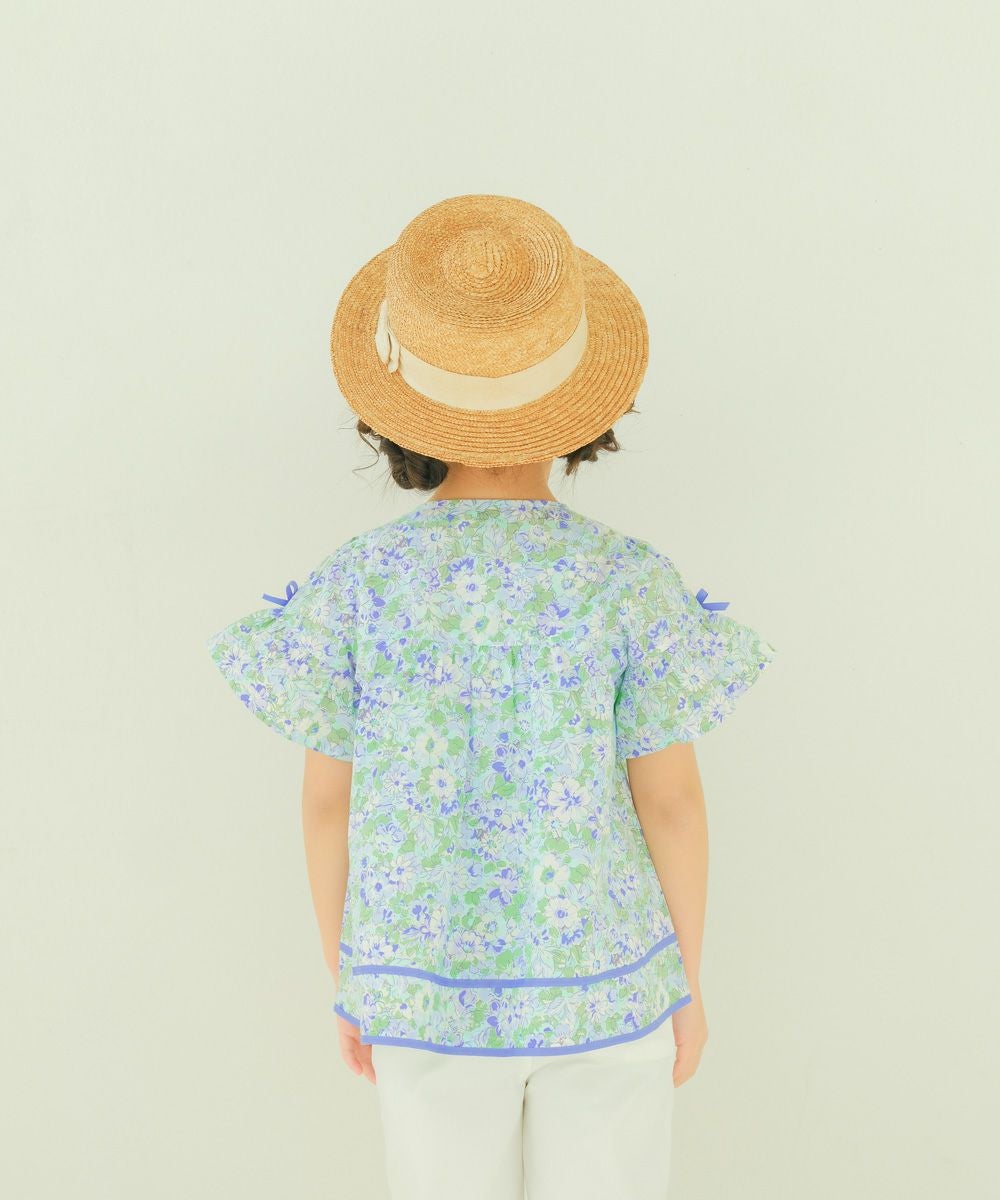 ベビー服 女の子 綿100％ 花柄 リボン付き袖 ブラウス ブルー(61) モデル画像2
