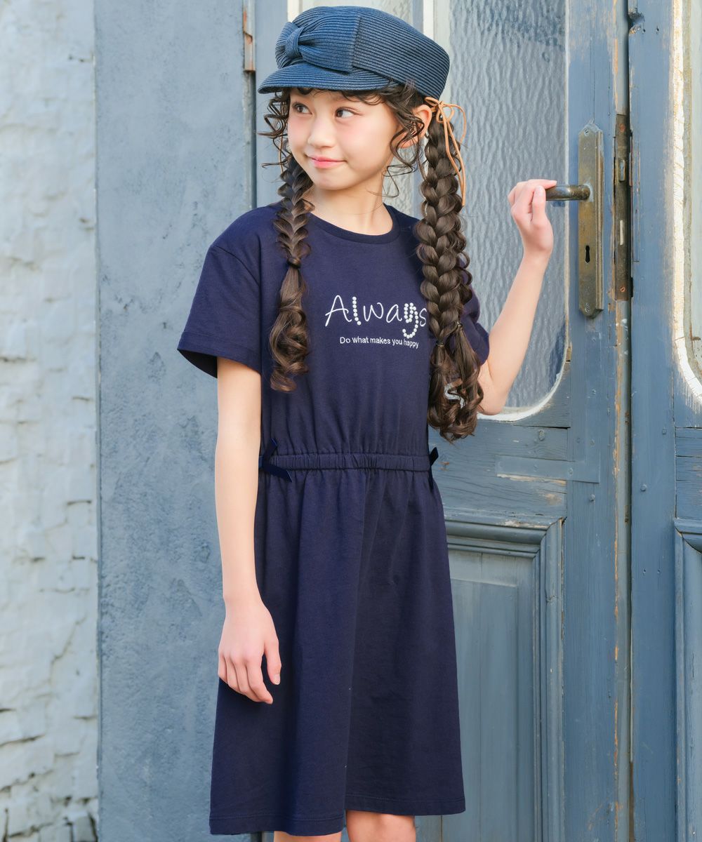 子供服 女の子 ゴムウエスト 袖折り返し ワンピース ネイビー(06)モデル画像 