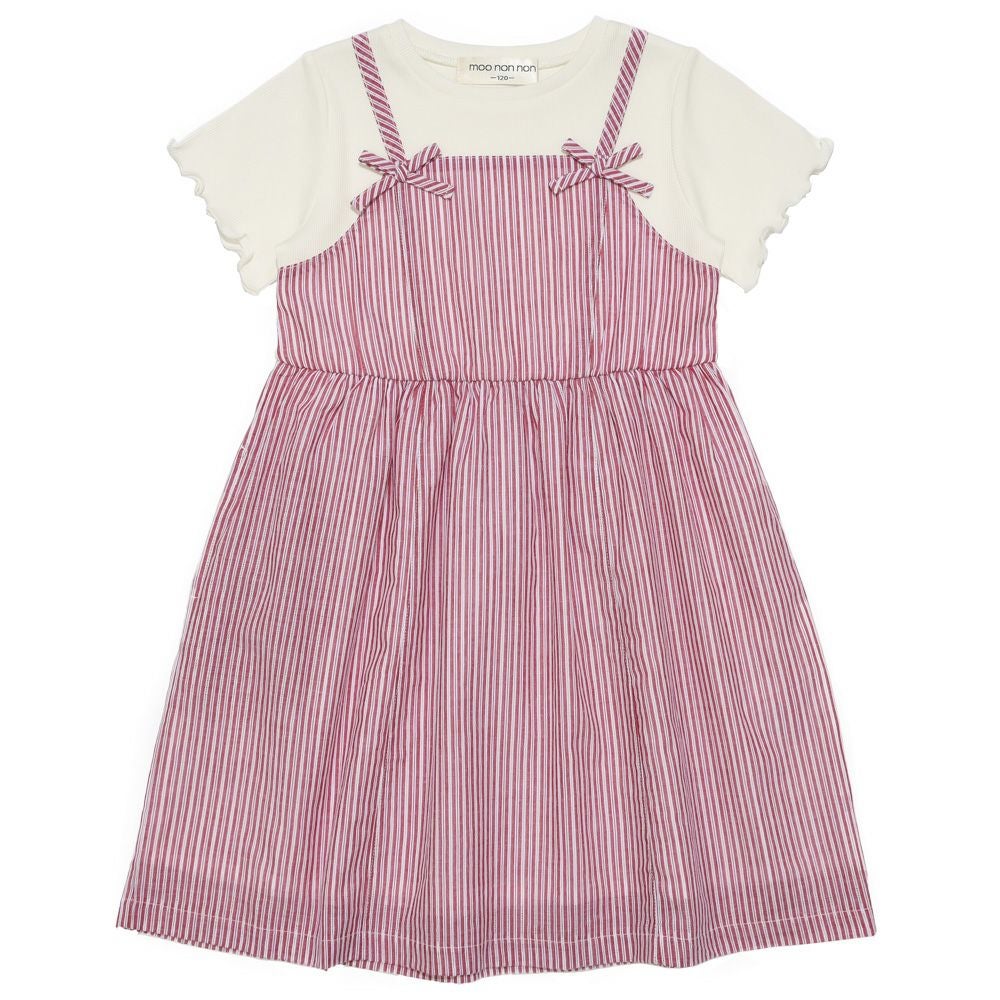子供服 女の子 重ね着風 リボン付き ストライプ ワンピース レッド(03) 正面