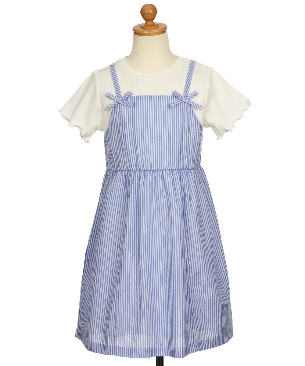 子供服 女の子 重ね着風 リボン付き ストライプ ワンピース ブルー(61) トルソー正面